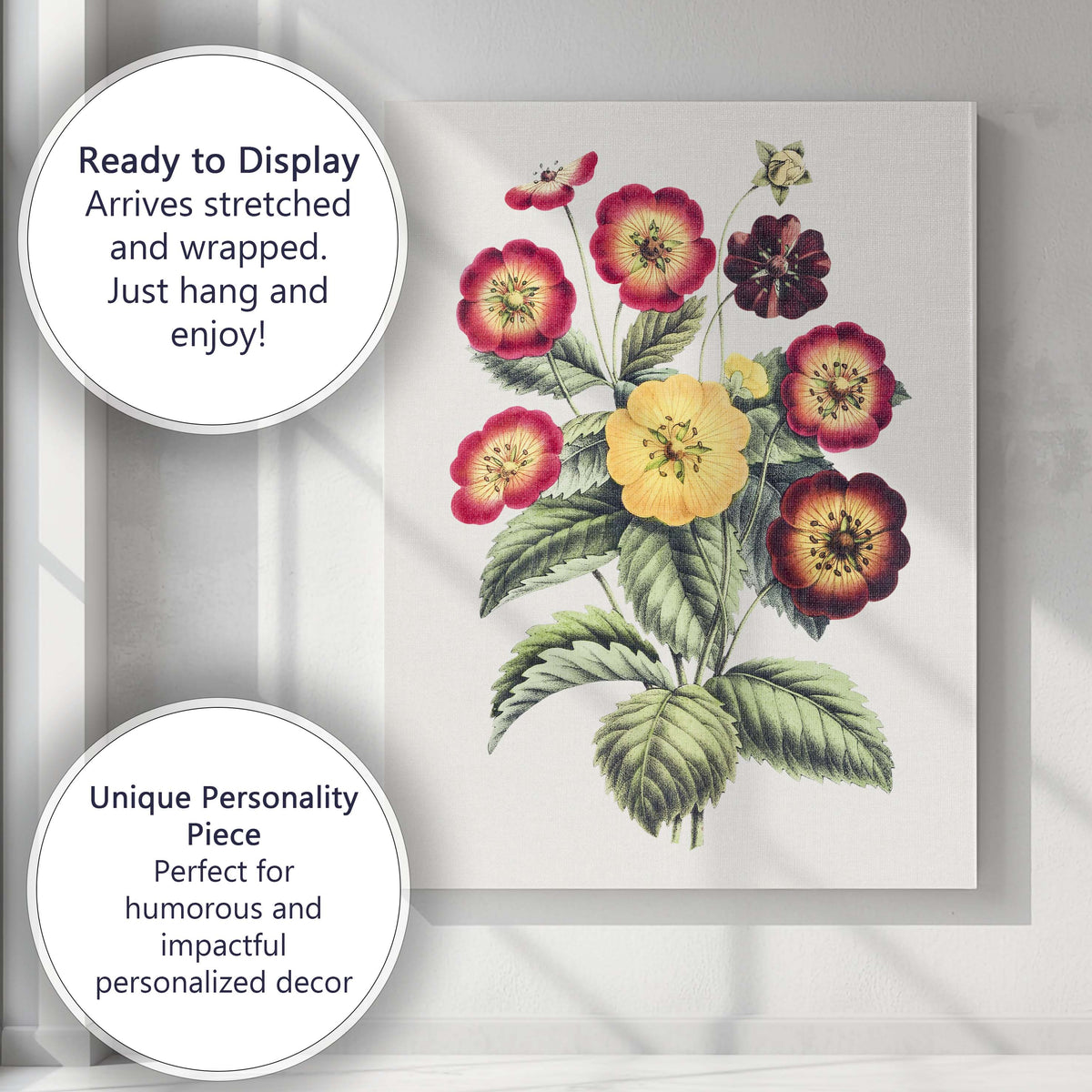 Antique Red And Yellow Potentilla Flower Botanical Illustration Canvas Wall Art Print Decor Picture Ready to Hang