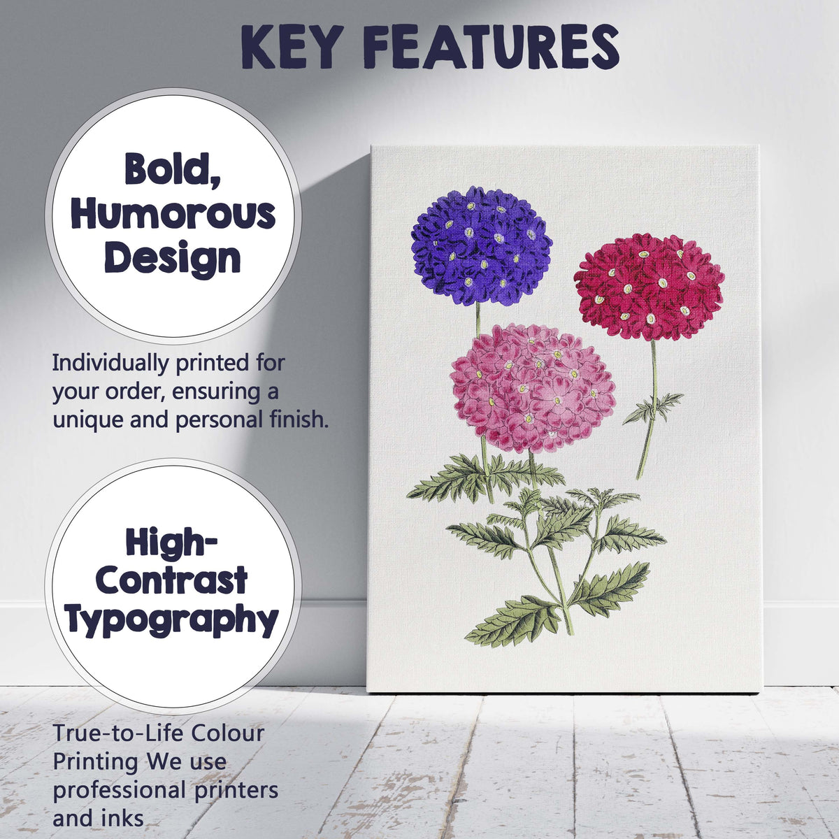Colourful Verbena Flower Cluster Botanical Garden Illustration Canvas Wall Art Print Decor Picture Ready to Hang