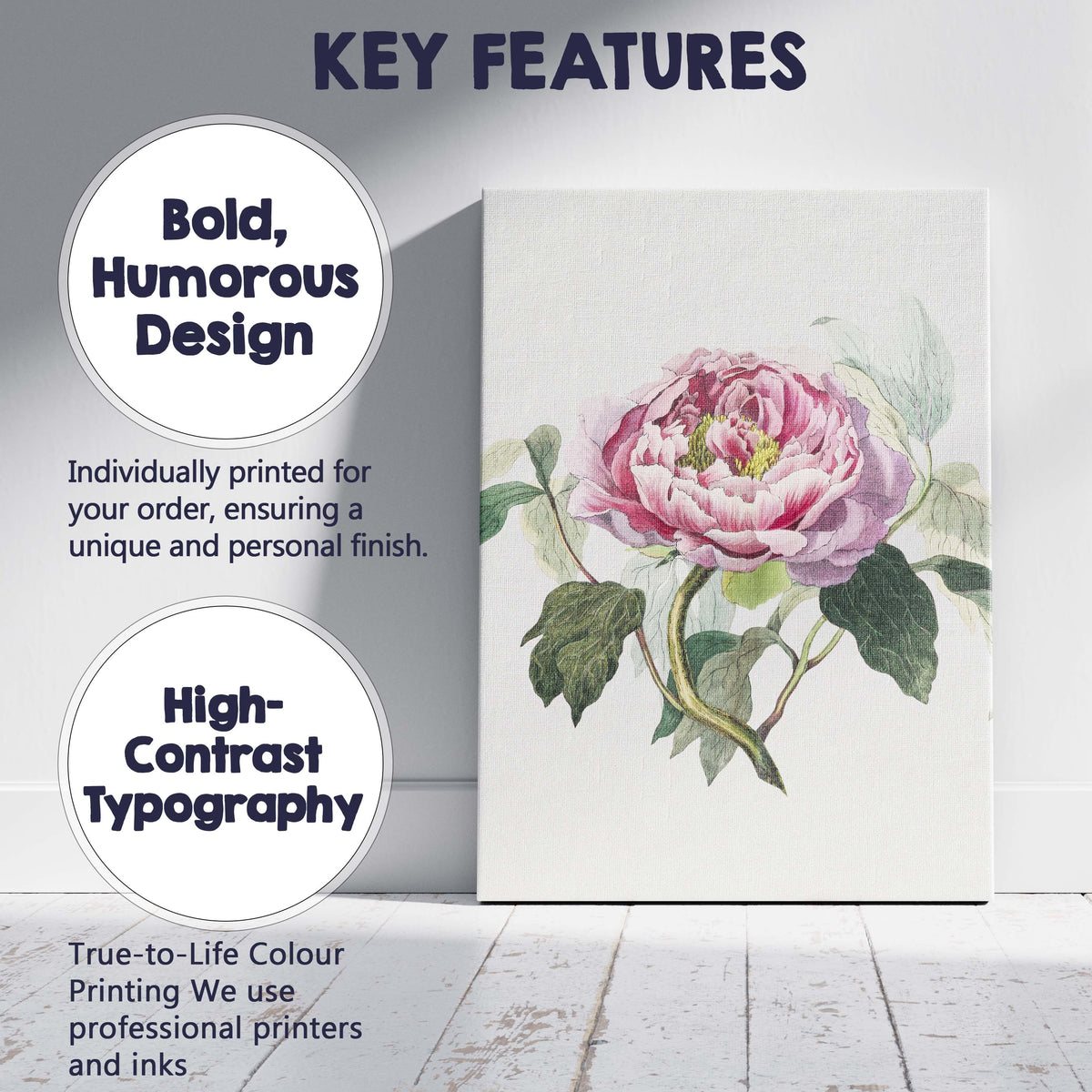 Elegant Pink Peony Botanical Watercolour Floral Artwork Canvas Wall Art Print Decor Picture Ready to Hang