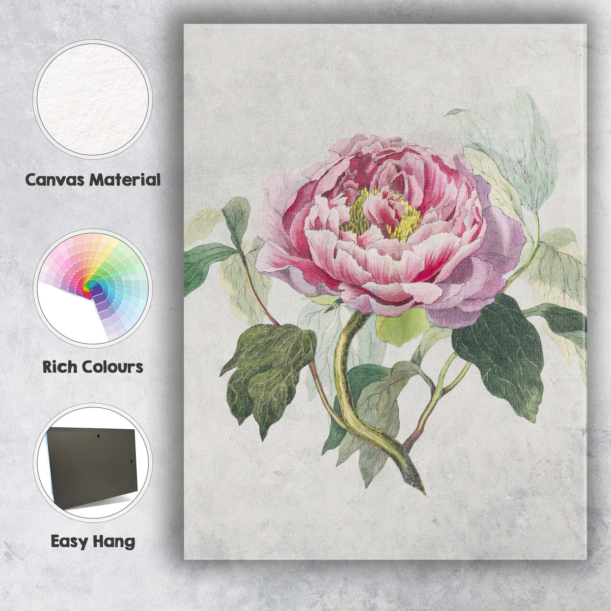 Elegant Pink Peony Botanical Watercolour Floral Artwork Canvas Wall Art Print Decor Picture Ready to Hang