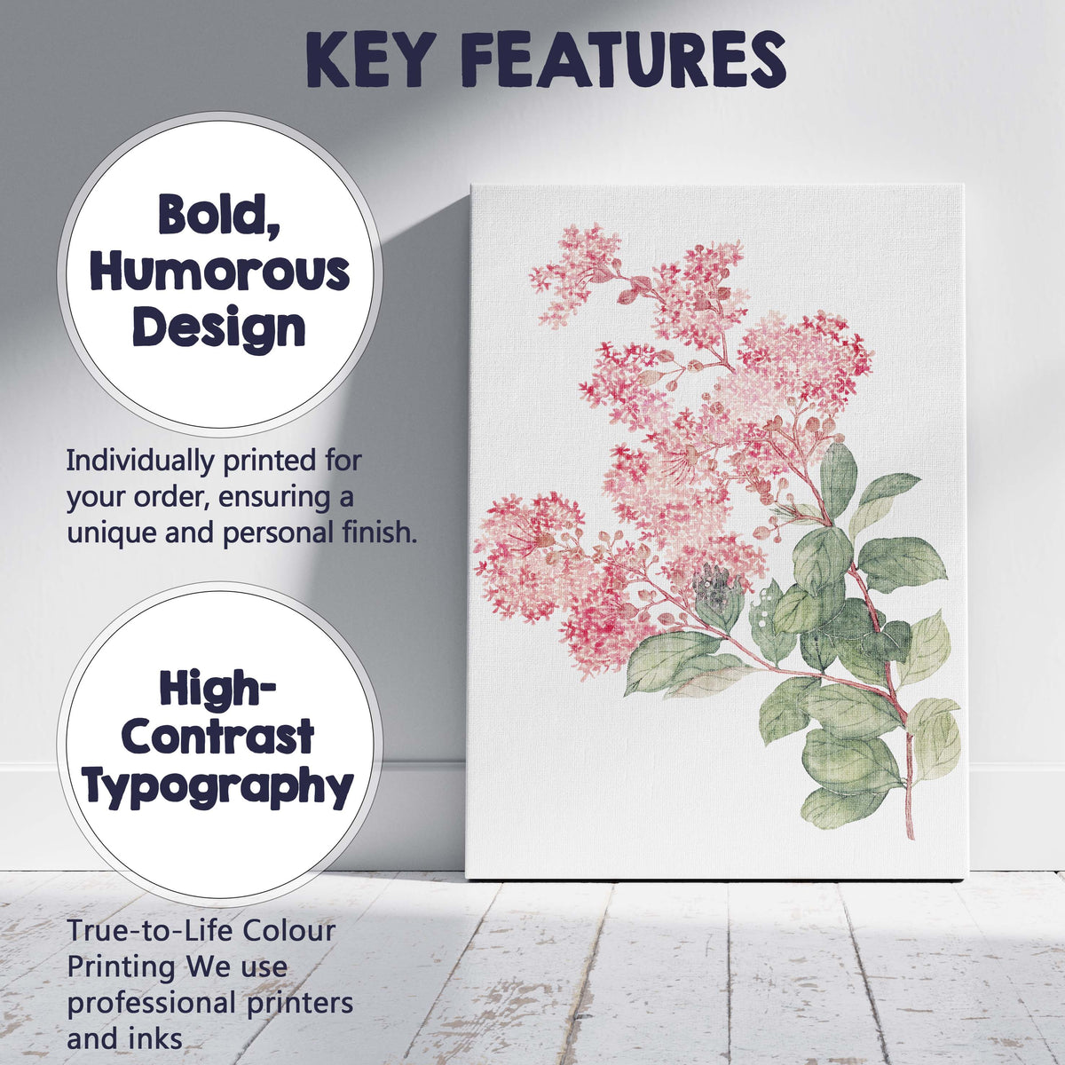 Soft Pink Lilac Blossom Botanical Watercolour Floral Illustration Canvas Wall Art Print Decor Picture Ready to Hang