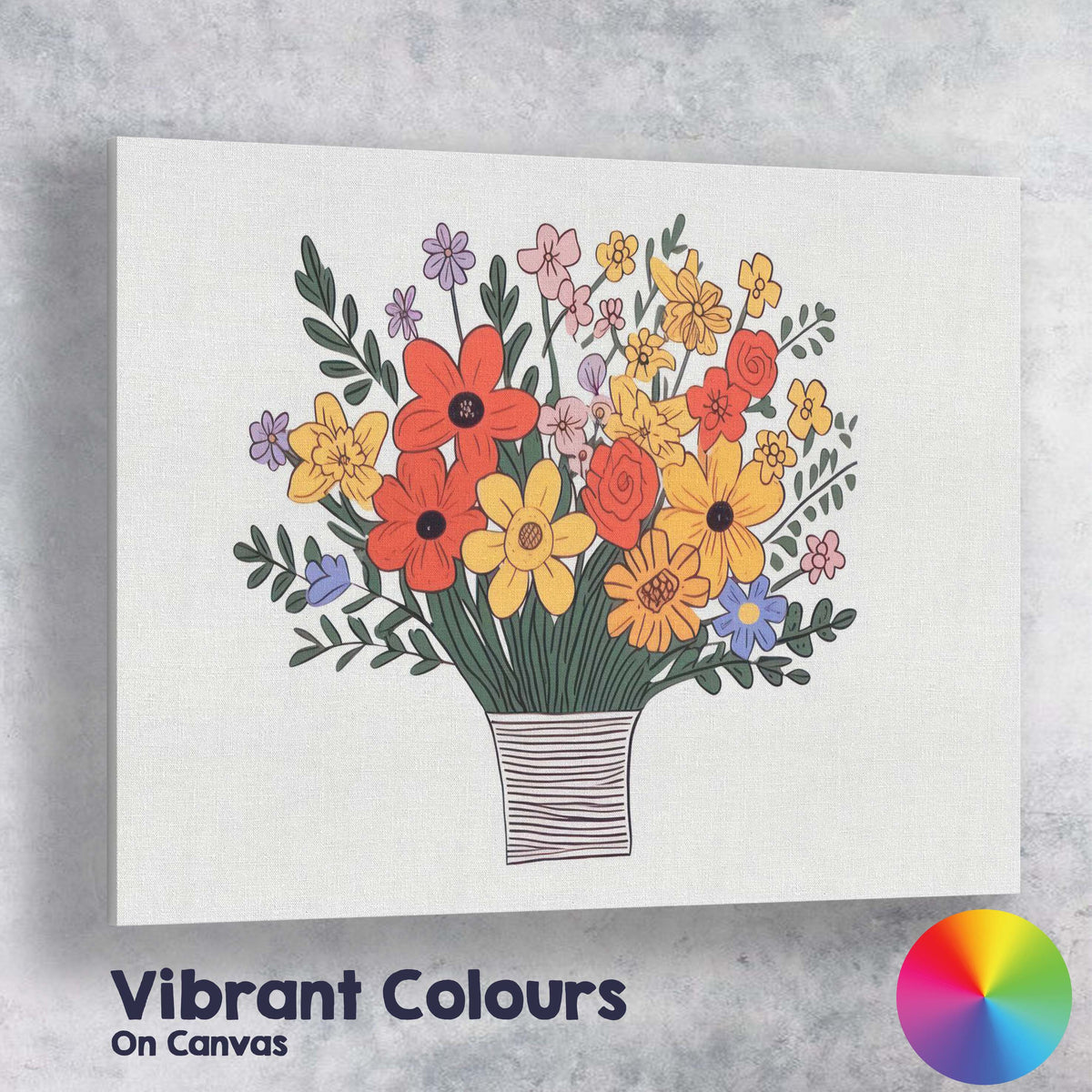 Colourful Hand Drawn Wildflower Bouquet Floral Vase Illustration Canvas Wall Art Print Decor Picture Ready to Hang