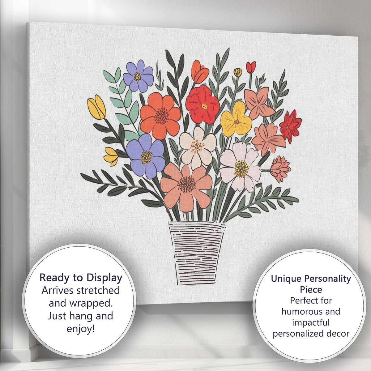 Colourful Folk Art Floral Bouquet Decorative Botanical Illustration Canvas Wall Art Print Decor Picture Ready to Hang