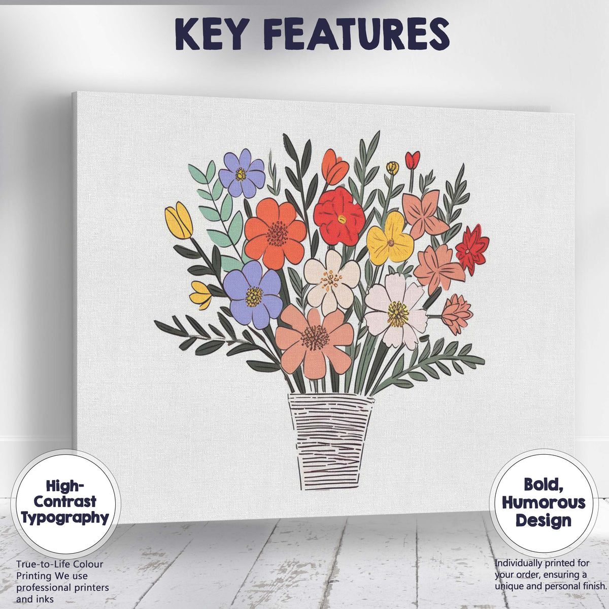 Colourful Folk Art Floral Bouquet Decorative Botanical Illustration Canvas Wall Art Print Decor Picture Ready to Hang