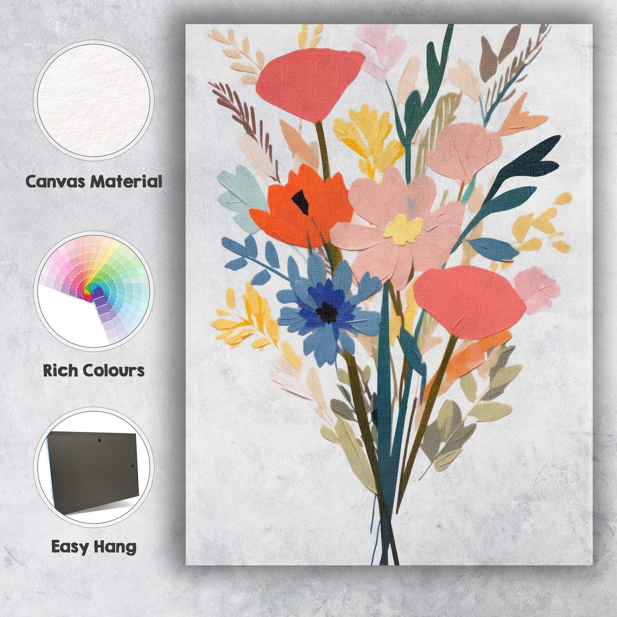 Pastel Paper Cut Floral Bouquet Scandinavian Botanical Collage Canvas Wall Art Print Decor Picture Ready to Hang