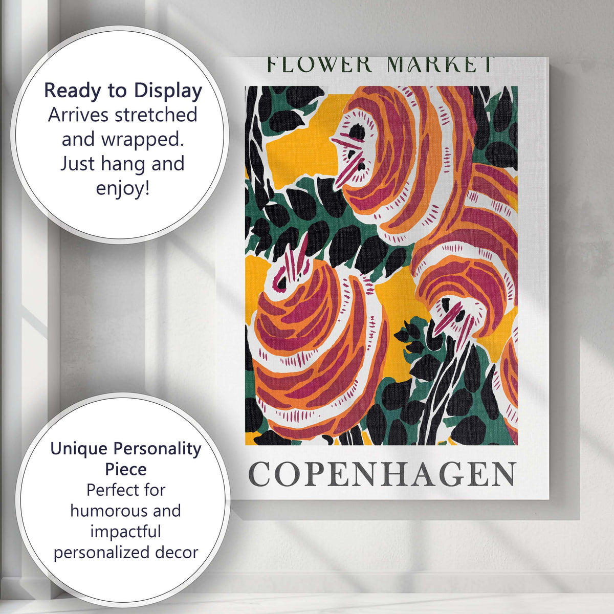 Scandinavian Copenhagen Flower Market Bold Floral Graphic Poster Canvas Wall Art Print Decor Picture Ready to Hang