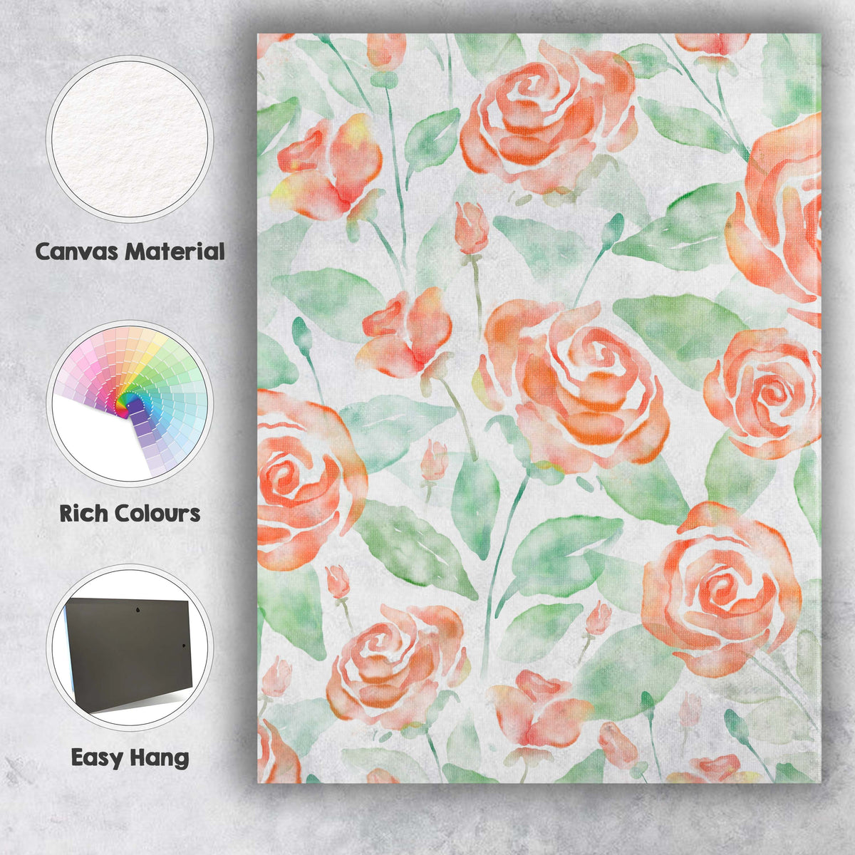 Watercolour Coral Rose Blossom Floral Repeat Pattern Canvas Wall Art Print Decor Picture Ready to Hang