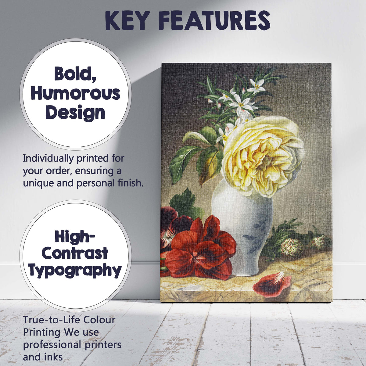Classic Floral Still Life Yellow Rose Vase Painting Canvas Wall Art Print Decor Picture Ready to Hang