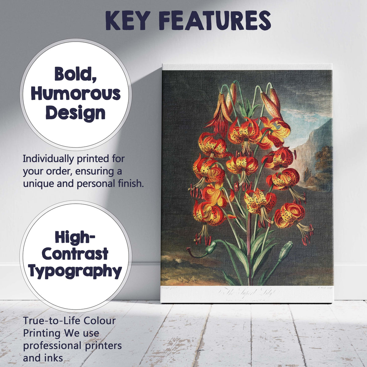 Vibrant Tiger Lily Botanical Antique Flower Illustration Canvas Wall Art Print Decor Picture Ready to Hang