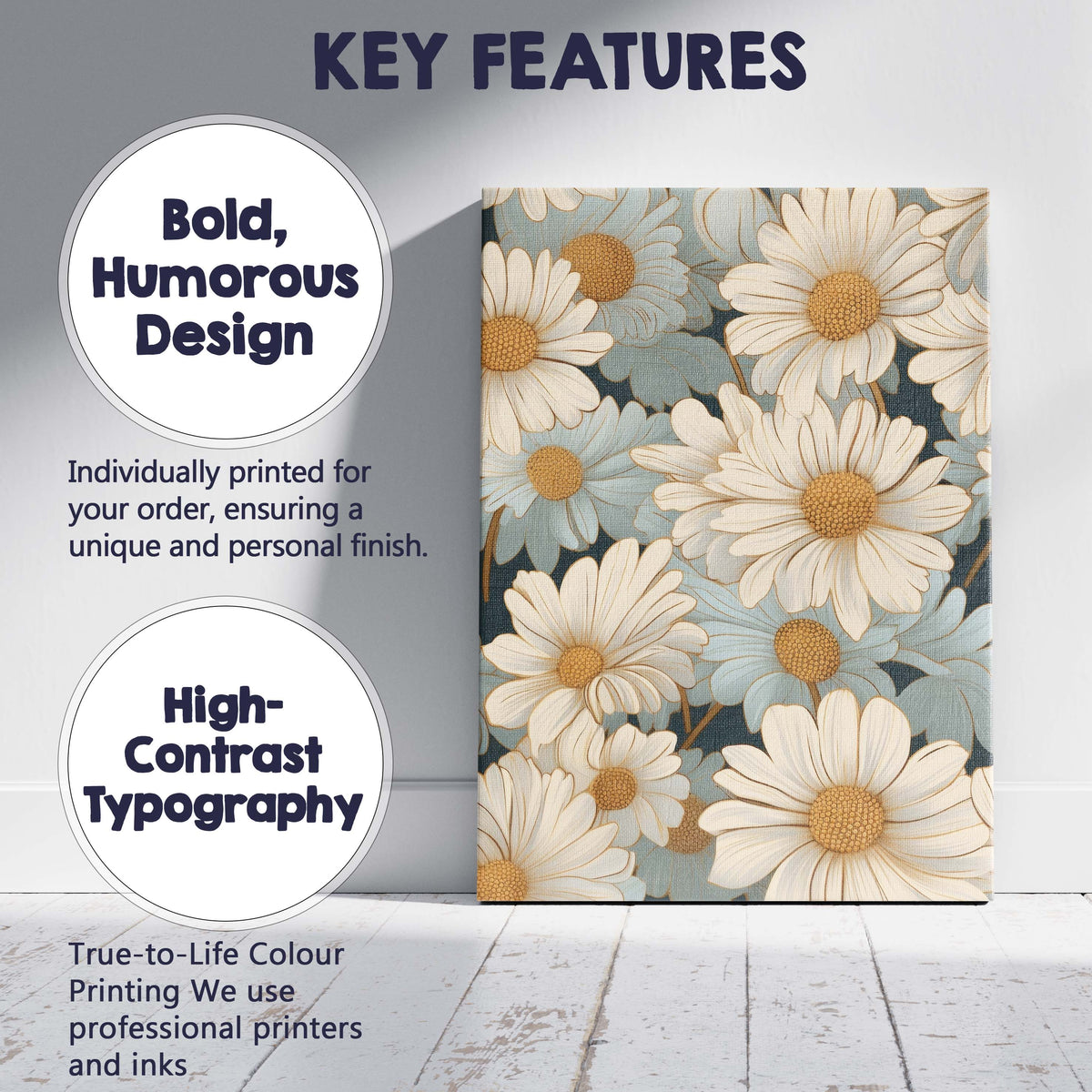 Soft Cream Daisy Blossom Repeat Floral Pattern Canvas Wall Art Print Decor Picture Ready to Hang