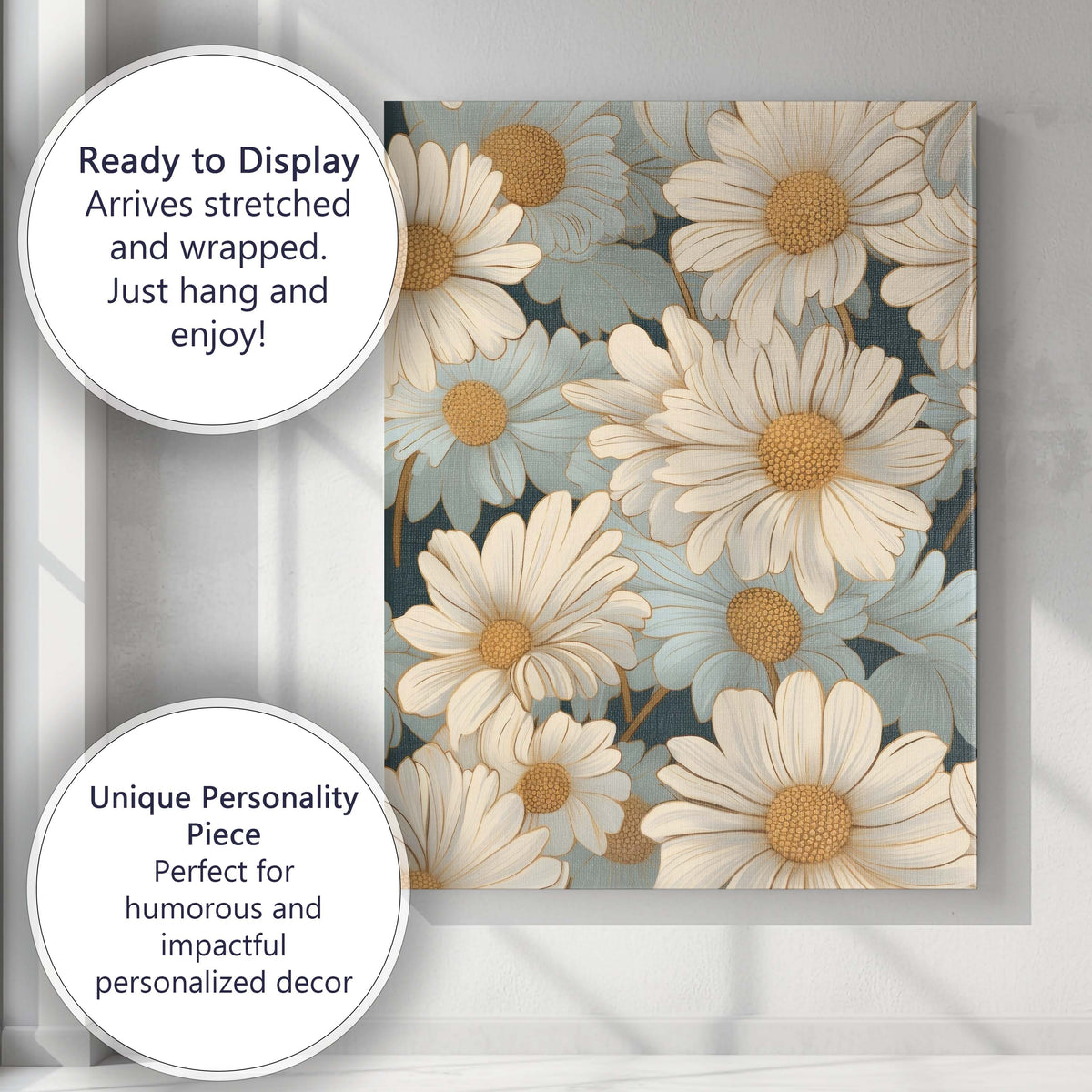 Soft Cream Daisy Blossom Repeat Floral Pattern Canvas Wall Art Print Decor Picture Ready to Hang