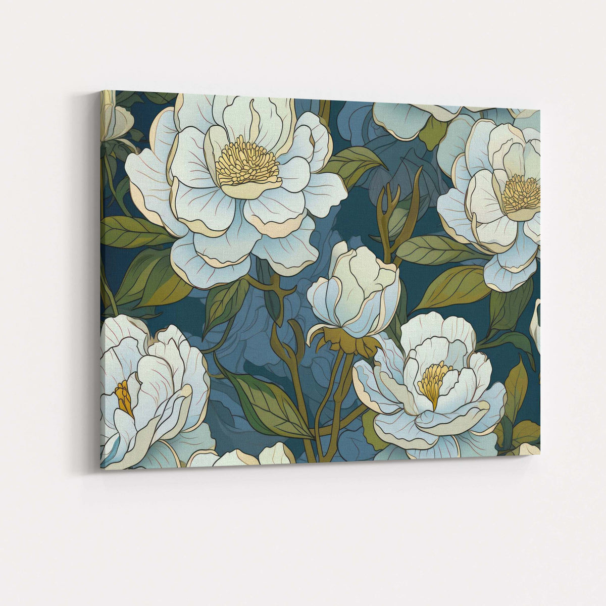 Elegant White Peony Floral Pattern Deep Blue Background Canvas Wall Art Print Decor Picture Ready to Hang