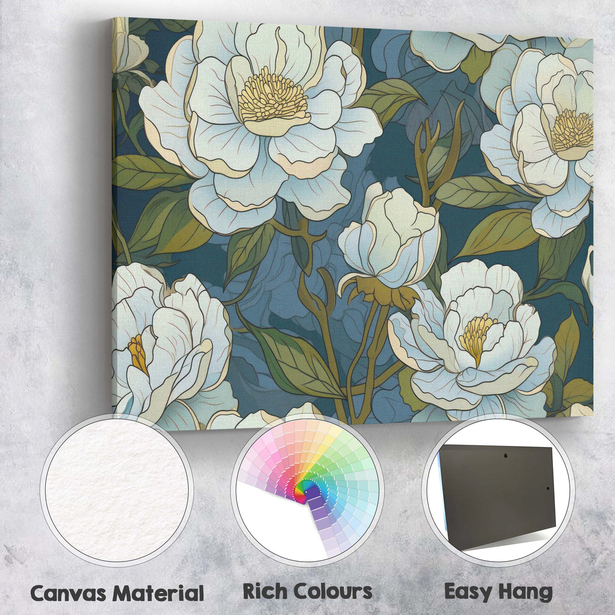 Elegant White Peony Floral Pattern Deep Blue Background Canvas Wall Art Print Decor Picture Ready to Hang