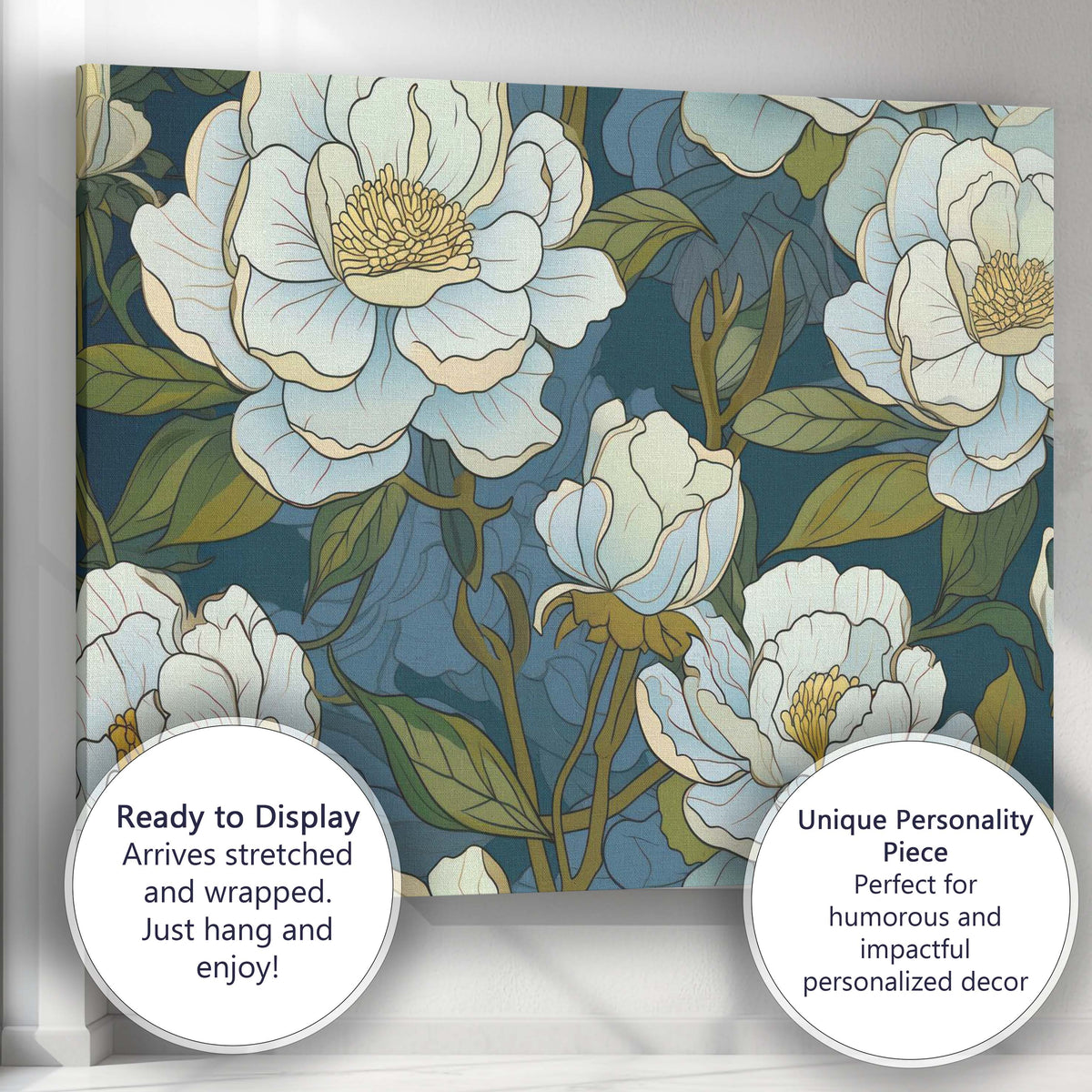 Elegant White Peony Floral Pattern Deep Blue Background Canvas Wall Art Print Decor Picture Ready to Hang