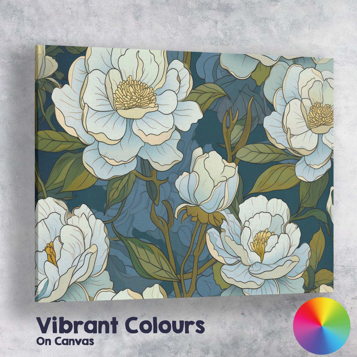 Elegant White Peony Floral Pattern Deep Blue Background Canvas Wall Art Print Decor Picture Ready to Hang