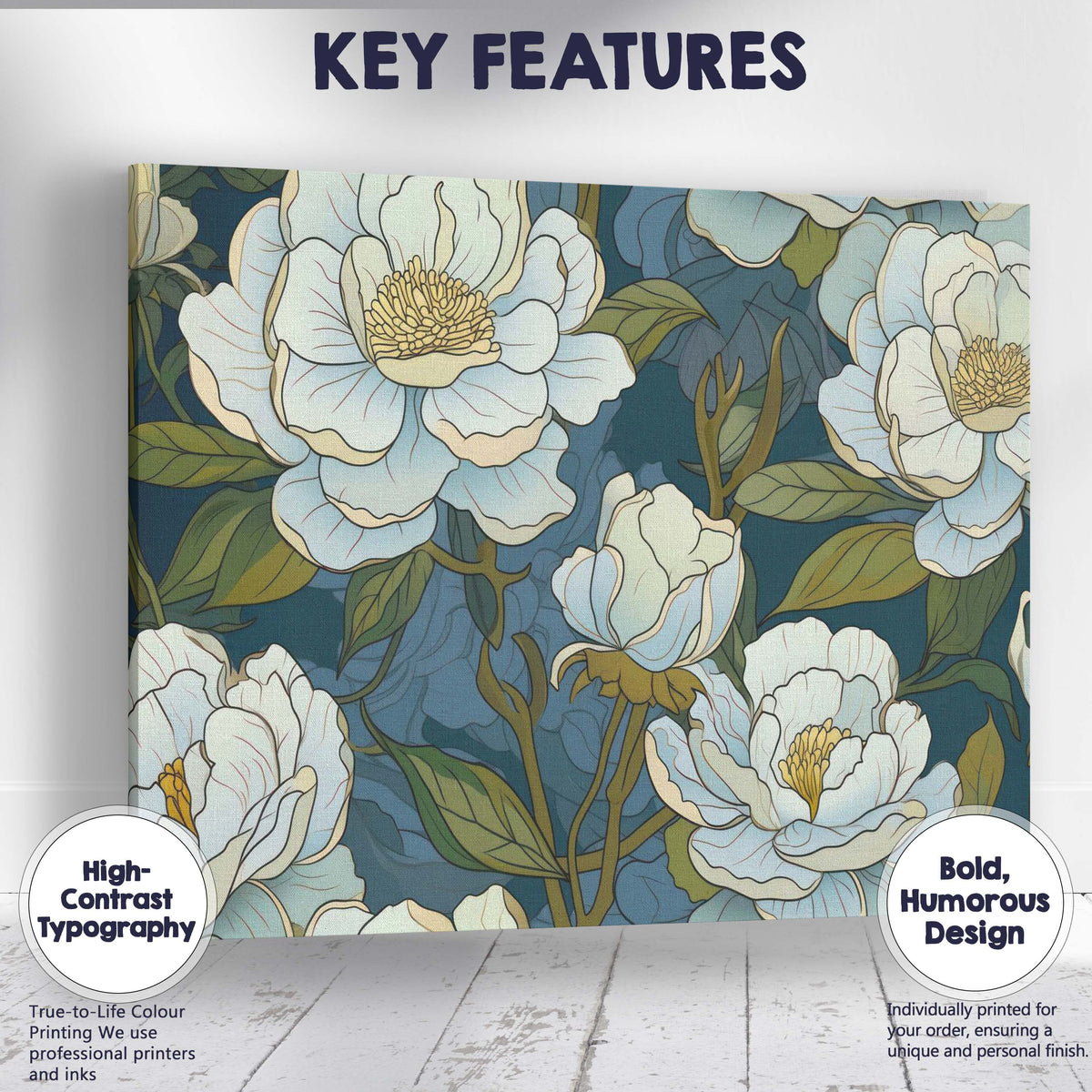 Elegant White Peony Floral Pattern Deep Blue Background Canvas Wall Art Print Decor Picture Ready to Hang