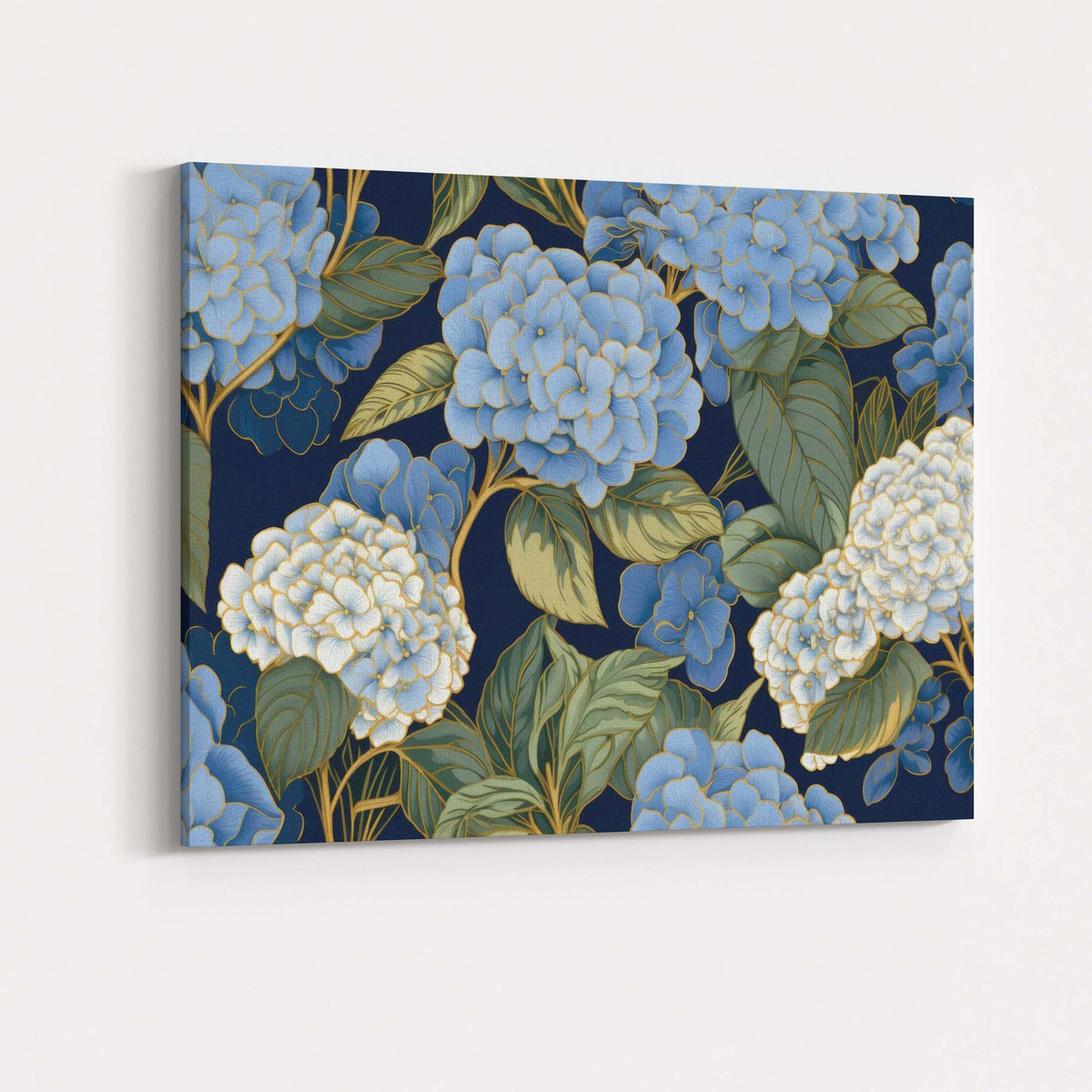Blue and White Hydrangea Floral Pattern Navy Background Canvas Wall Art Print Decor Picture Ready to Hang