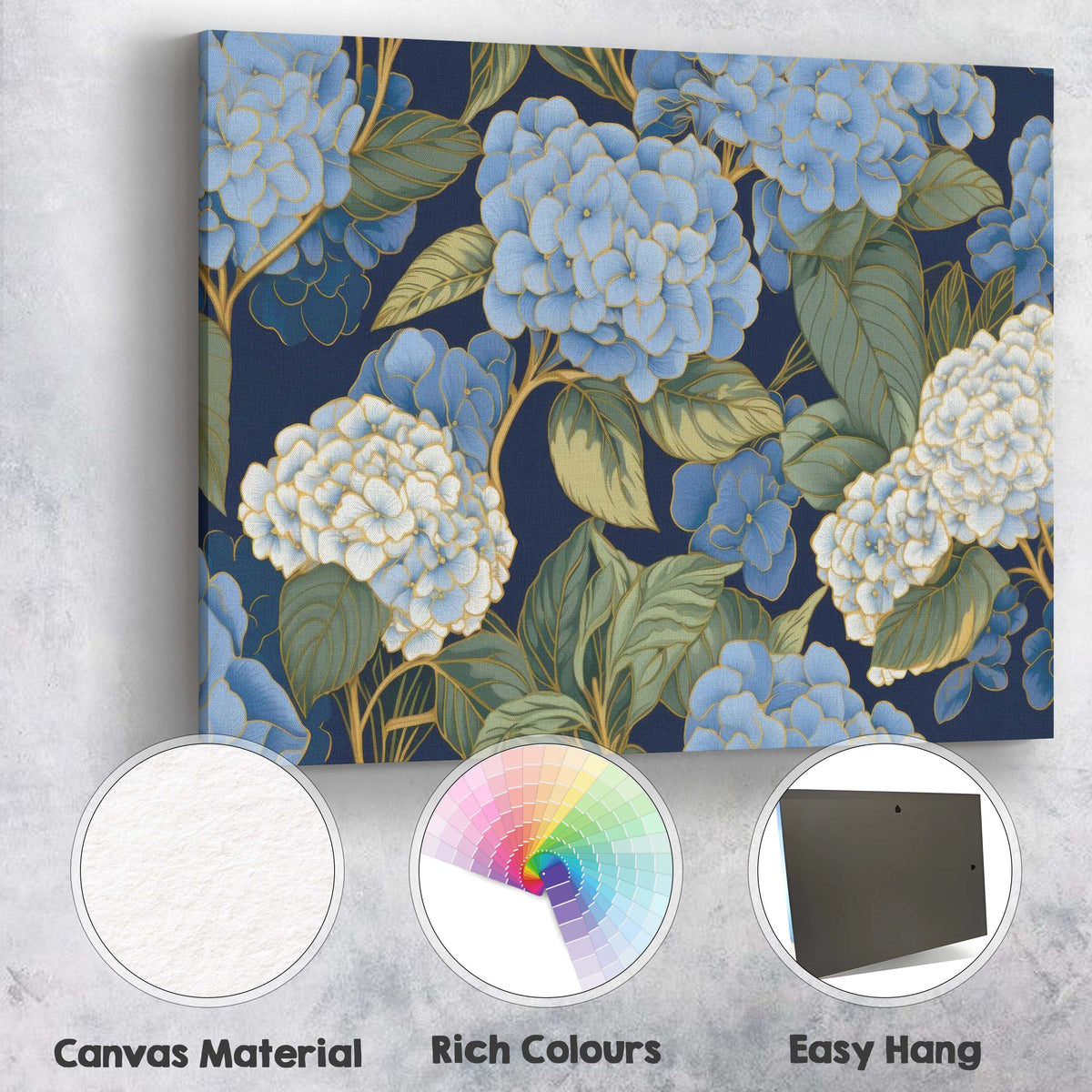 Blue and White Hydrangea Floral Pattern Navy Background Canvas Wall Art Print Decor Picture Ready to Hang