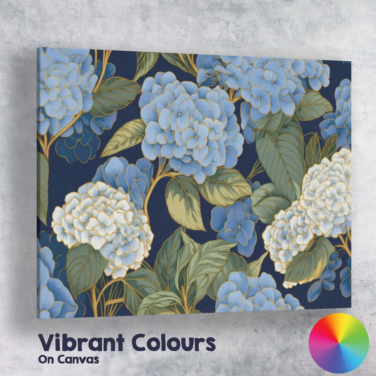 Blue and White Hydrangea Floral Pattern Navy Background Canvas Wall Art Print Decor Picture Ready to Hang