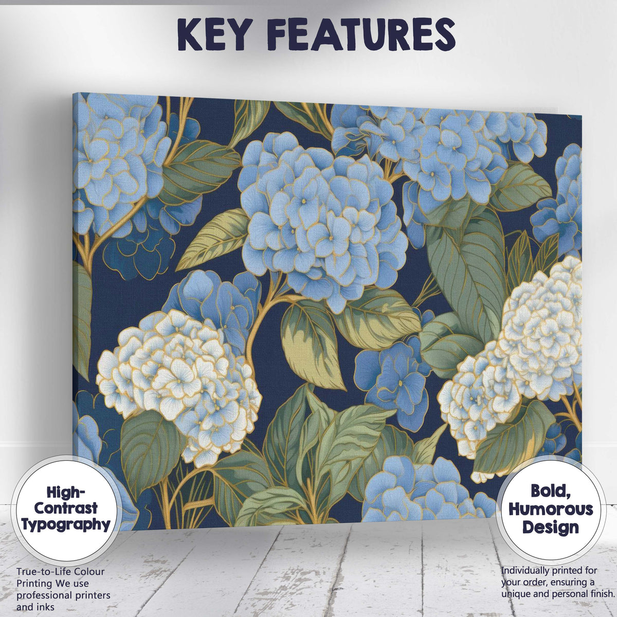 Blue and White Hydrangea Floral Pattern Navy Background Canvas Wall Art Print Decor Picture Ready to Hang