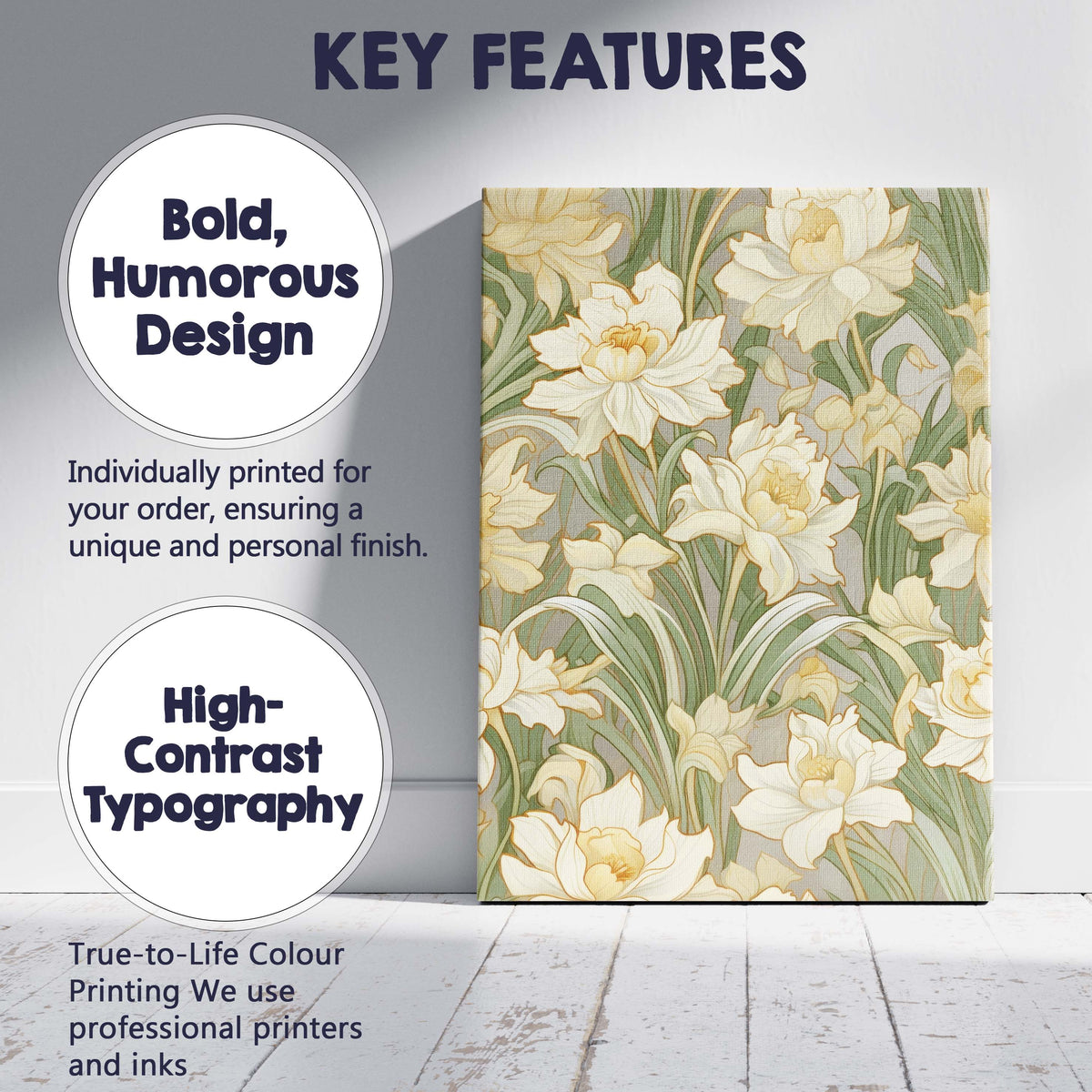 Cream Daffodil Botanical Floral Repeat Pattern Canvas Wall Art Print Decor Picture Ready to Hang