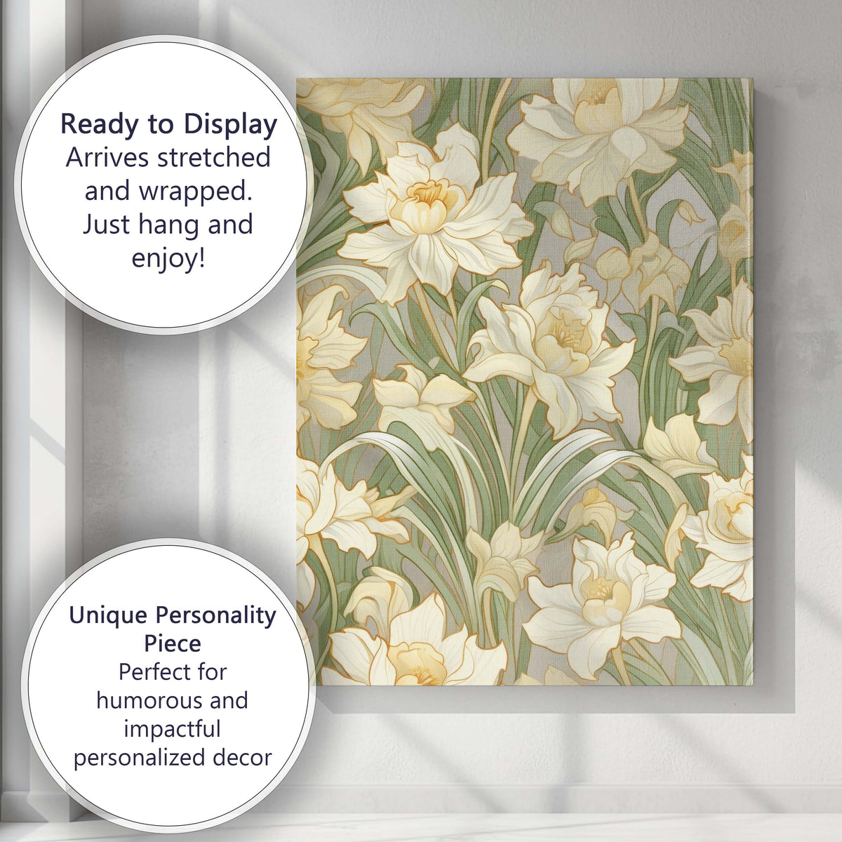 Cream Daffodil Botanical Floral Repeat Pattern Canvas Wall Art Print Decor Picture Ready to Hang