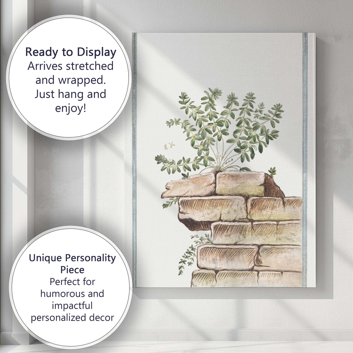 Antique Botanical Wall Plant Illustration Growing On Stone Ruins Canvas Wall Art Print Decor Picture Ready to Hang