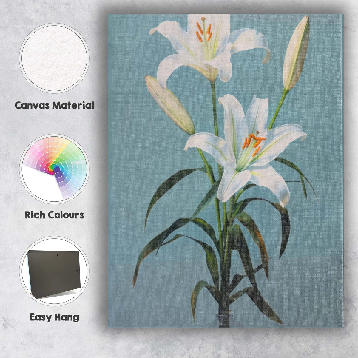 Elegant White Lily Floral Still Life In Glass Vase Canvas Wall Art Print Decor Picture Ready to Hang