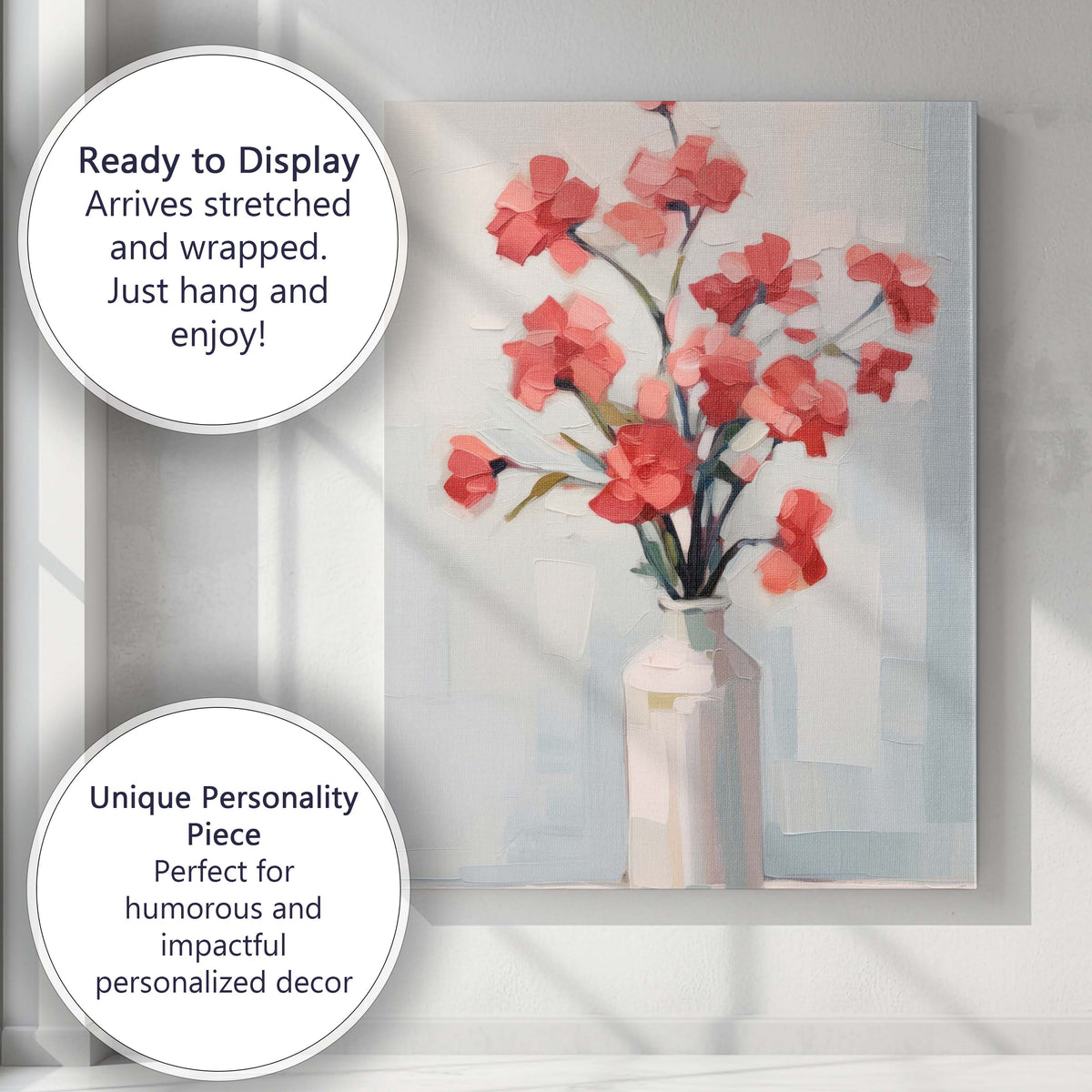 Modern Coral Pink Floral Arrangement Textured Still Life Painting Canvas Wall Art Print Decor Picture Ready to Hang