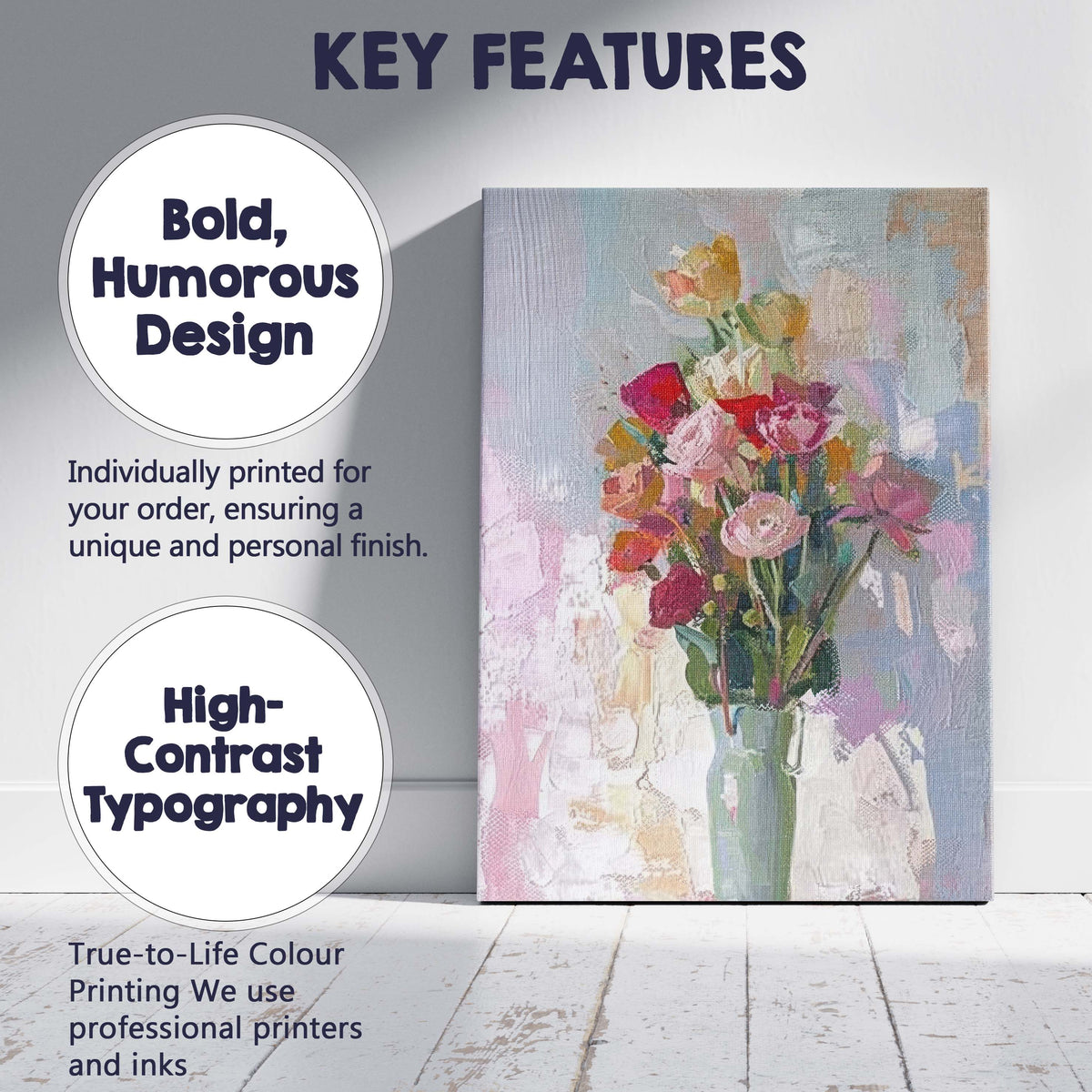 Abstract Wildflower Bouquet In Glass Vase Expressionist Floral Painting Canvas Wall Art Print Decor Picture Ready to Hang
