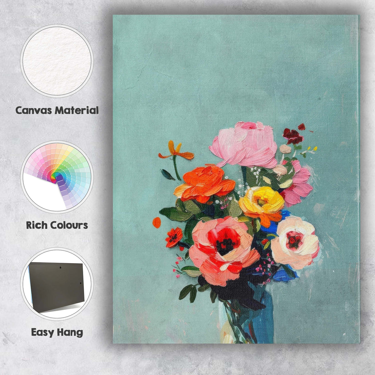 Vibrant Wildflower Bouquet in Blue Glass Vase Expressive Floral Painting Canvas Wall Art Print Decor Picture Ready to Hang