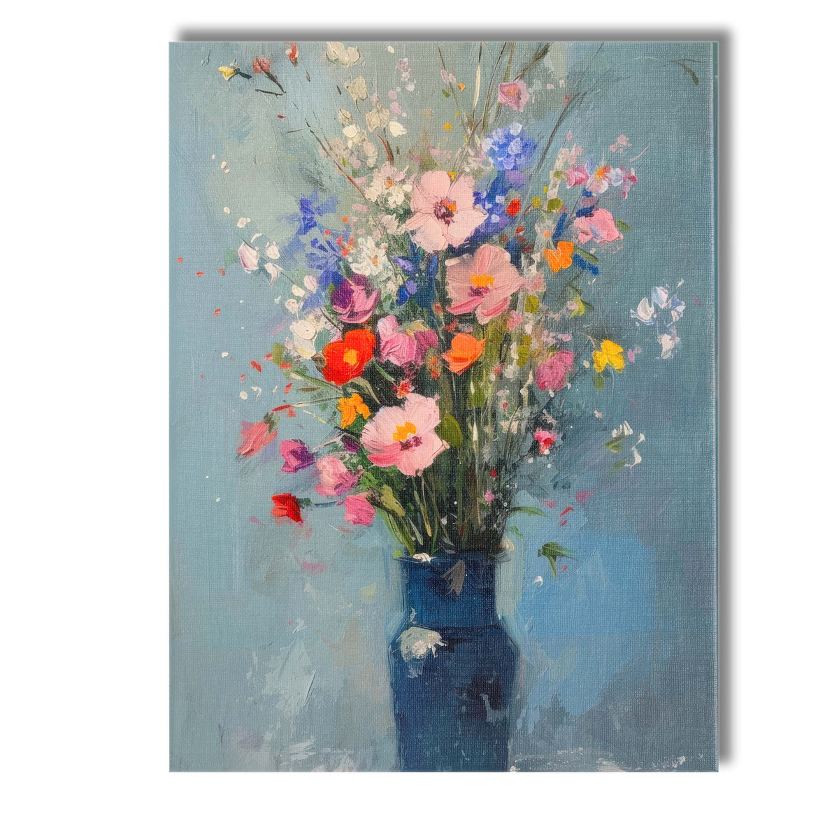 Colourful Wildflower Bouquet In Deep Blue Vase Contemporary Floral Painting Canvas Wall Art Print Decor Picture Ready to Hang