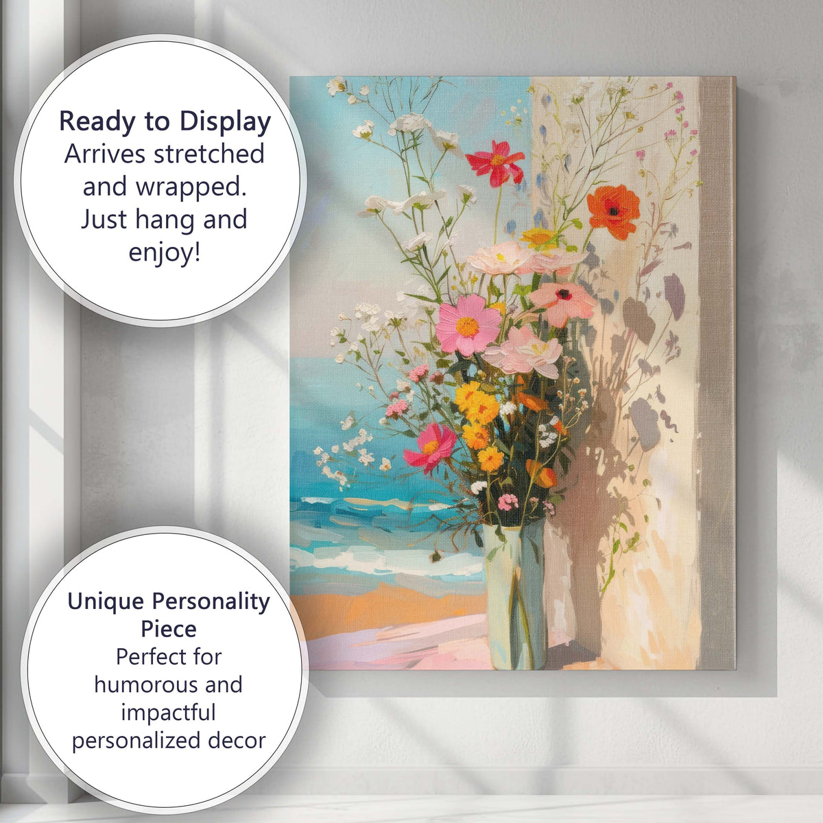 Coastal Wildflower Bouquet Bright Pastel Floral Impressionist Painting Canvas Wall Art Print Decor Picture Ready to Hang