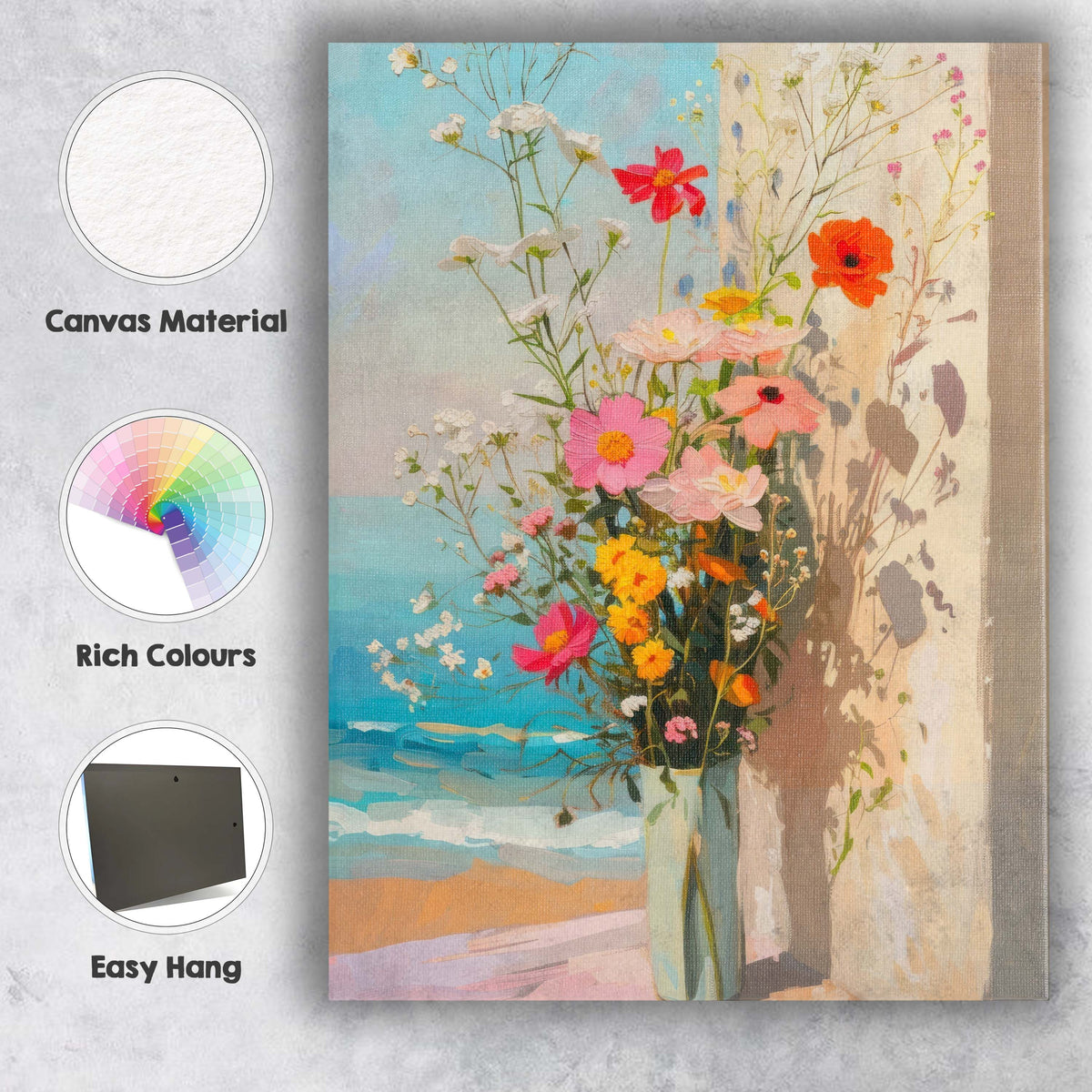 Coastal Wildflower Bouquet Bright Pastel Floral Impressionist Painting Canvas Wall Art Print Decor Picture Ready to Hang