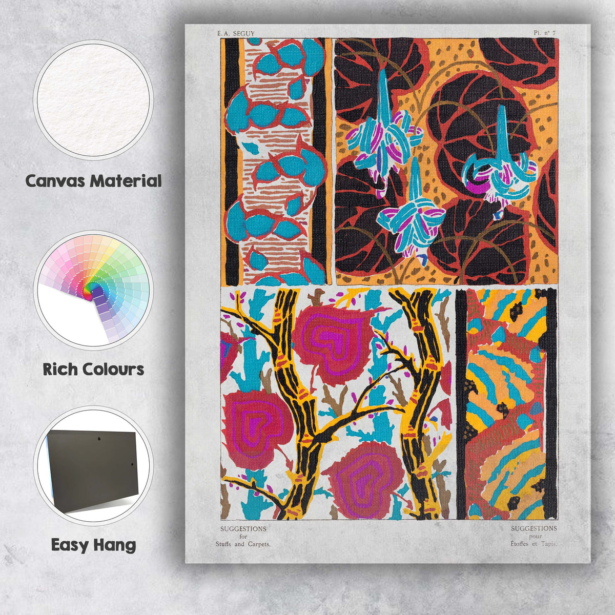 Art Deco Exotic Floral Textile Design Retro Decorative Pattern Canvas Wall Art Print Decor Picture Ready to Hang