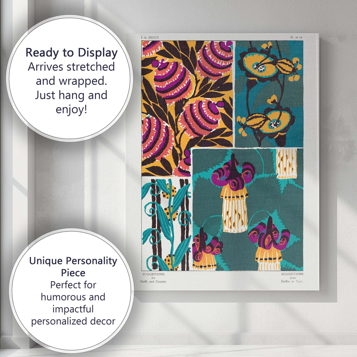 Bold Art Deco Floral Pattern Design in Teal Gold and Purple Canvas Wall Art Print Decor Picture Ready to Hang