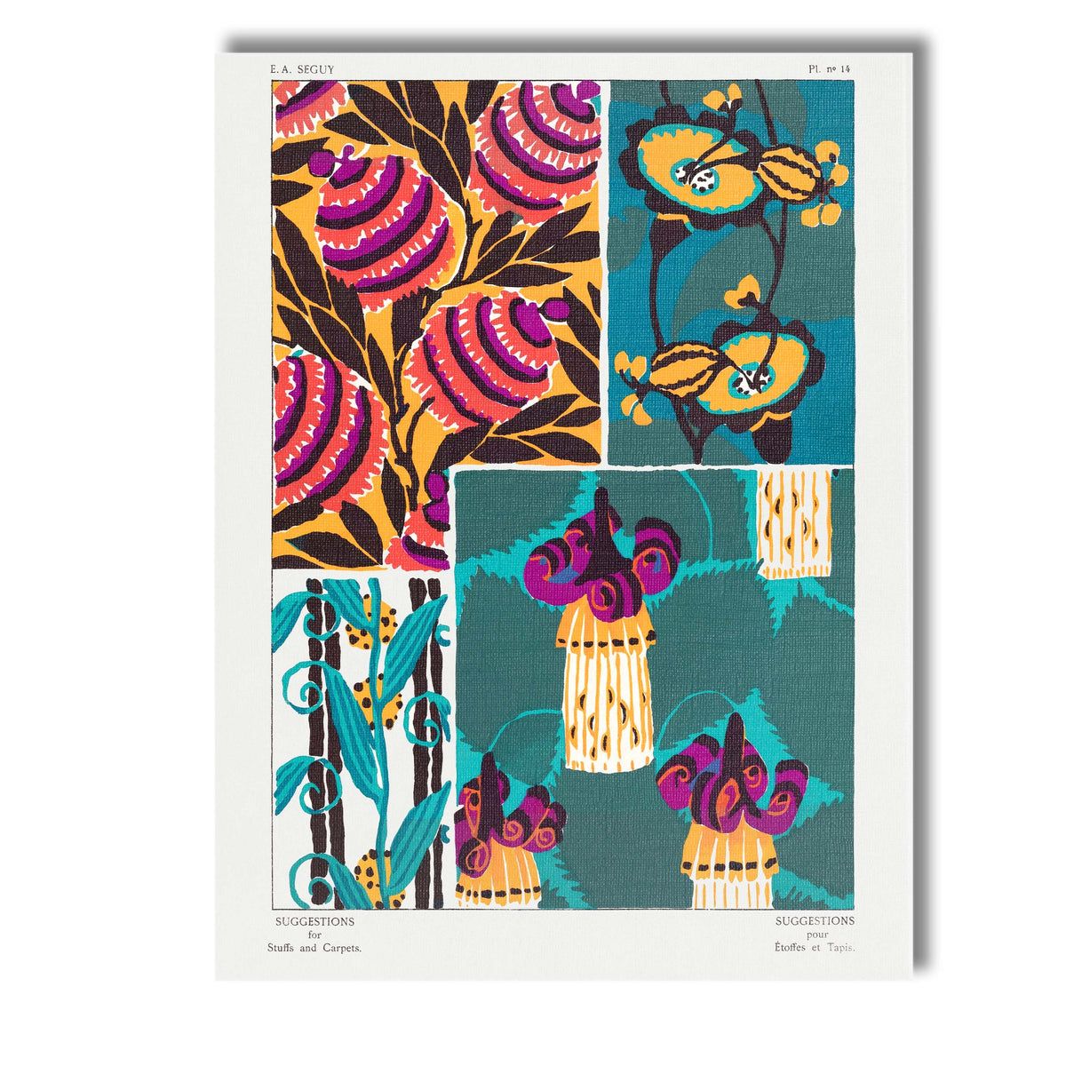 Bold Art Deco Floral Pattern Design in Teal Gold and Purple Canvas Wall Art Print Decor Picture Ready to Hang
