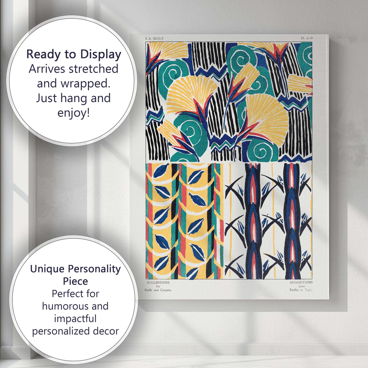 Art Deco Tropical Fan Leaf and Abstract Floral Pattern Canvas Wall Art Print Decor Picture Ready to Hang