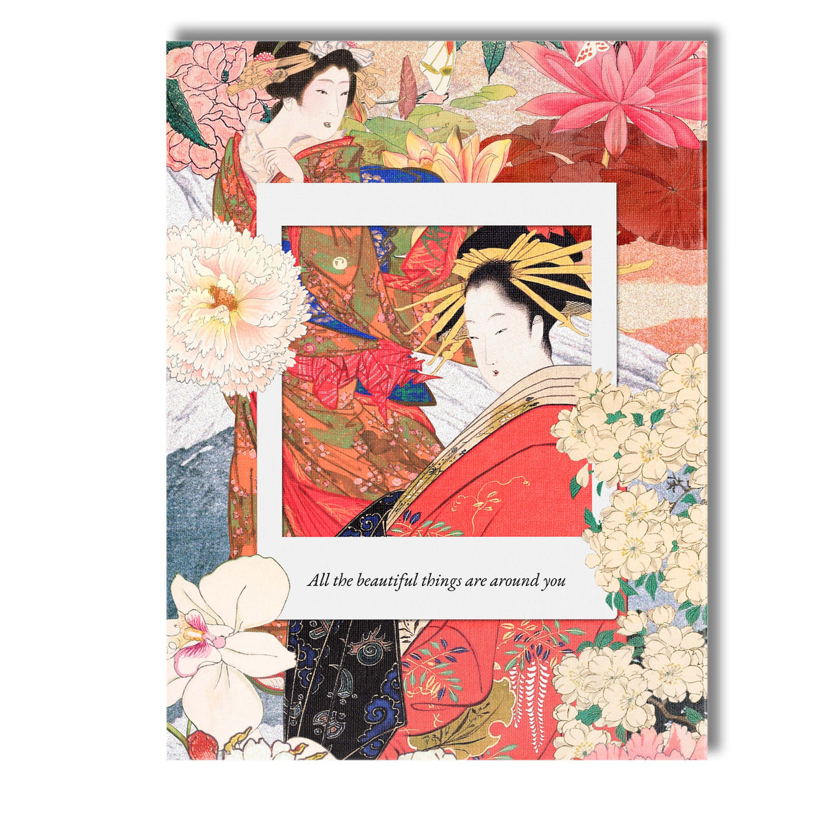 Japanese Geisha Floral Collage Pink Peony Butterfly Oriental Canvas Wall Art Print Decor Picture Ready to Hang