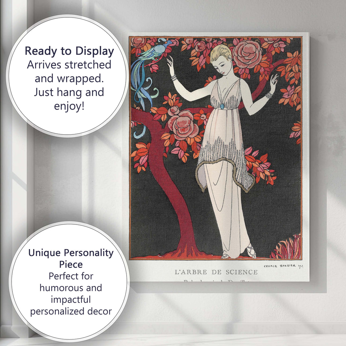 Art Deco Elegant Lady Beneath Rose Tree Fashion Illustration Canvas Wall Art Print Decor Picture Ready to Hang