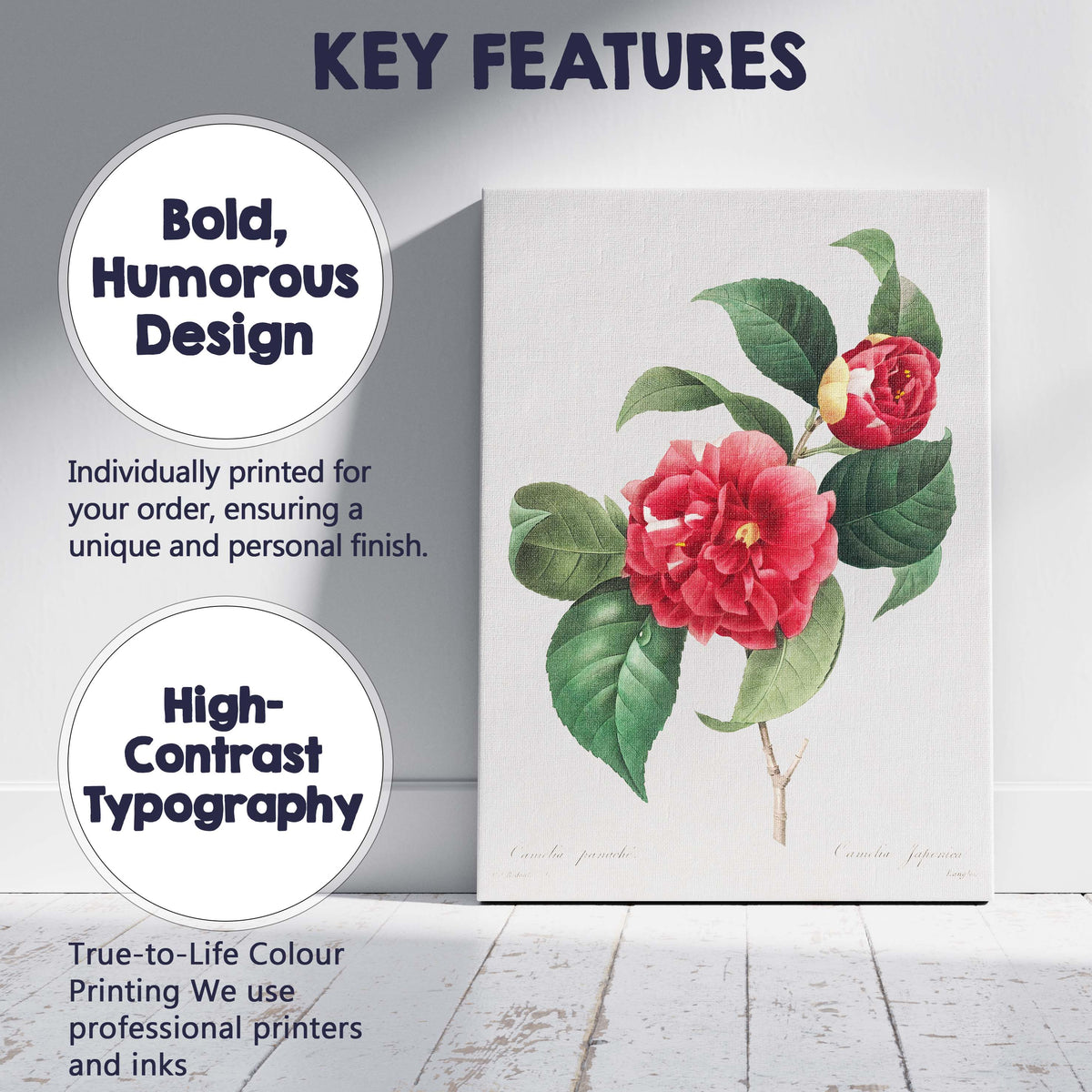 Classic Red Camellia Japonica Botanical Flower Artwork Canvas Wall Art Print Decor Picture Ready to Hang