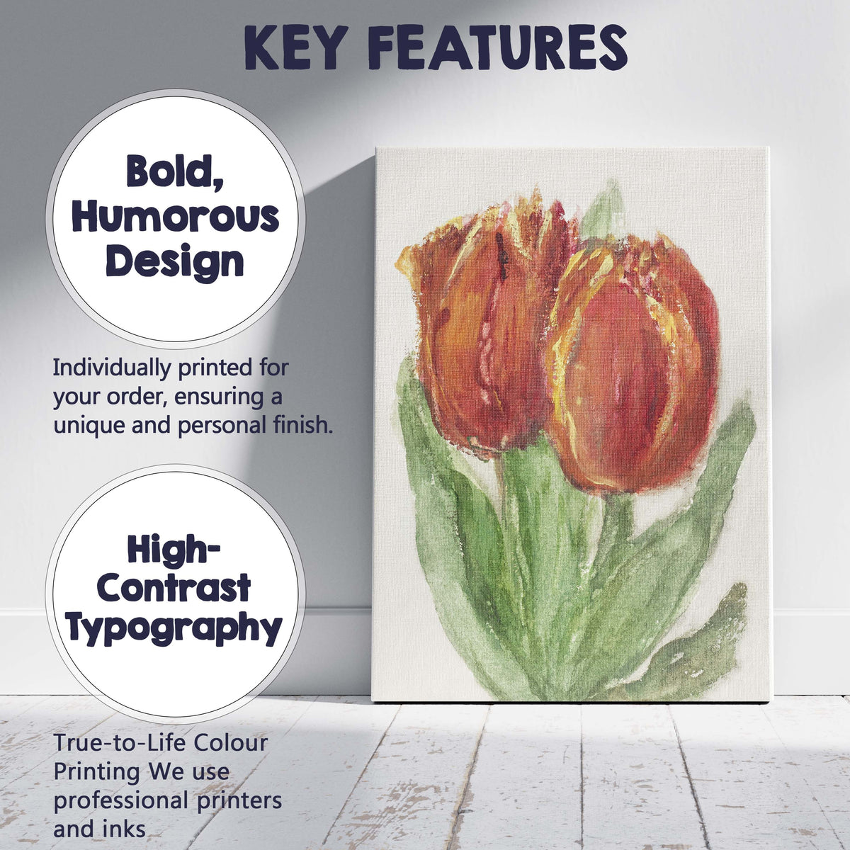 Vibrant Orange Tulip Floral Watercolour Botanical Illustration Canvas Wall Art Print Decor Picture Ready to Hang