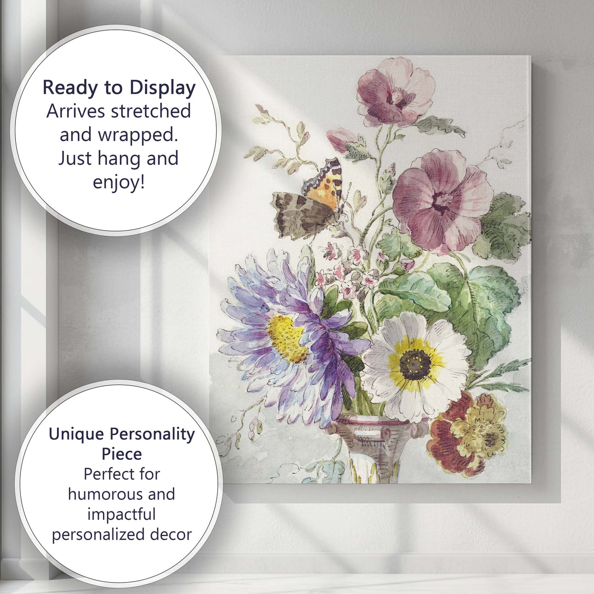 Delicate Wildflower Bouquet With Butterfly Watercolour Illustration Canvas Wall Art Print Decor Picture Ready to Hang