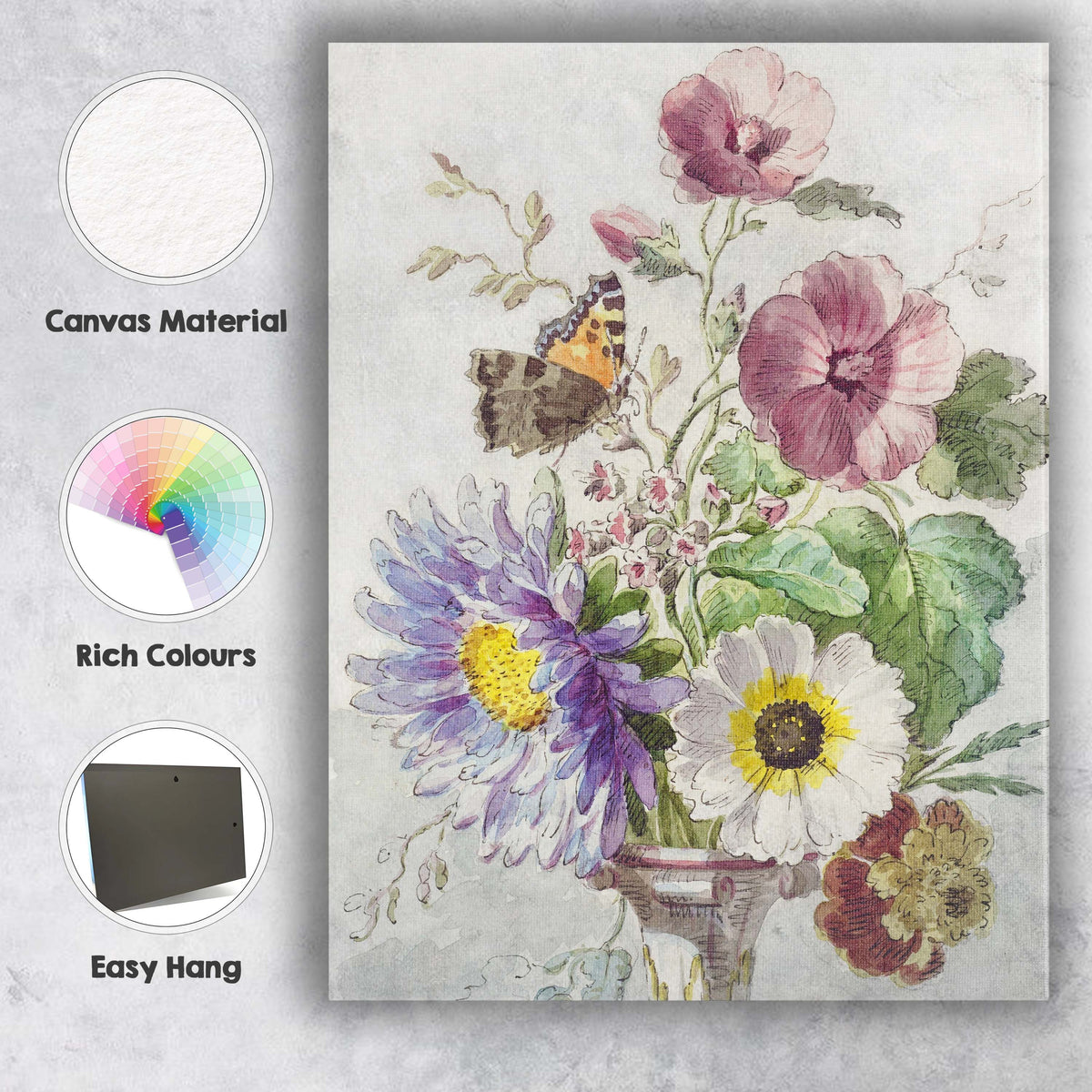 Delicate Wildflower Bouquet With Butterfly Watercolour Illustration Canvas Wall Art Print Decor Picture Ready to Hang