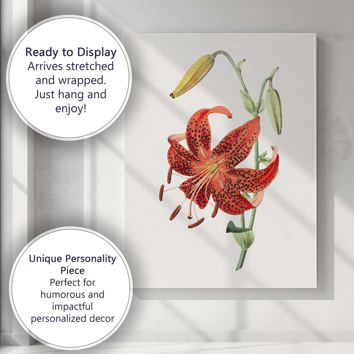 Vibrant Orange Spotted Tiger Lily Botanical Illustration Canvas Wall Art Print Decor Picture Ready to Hang