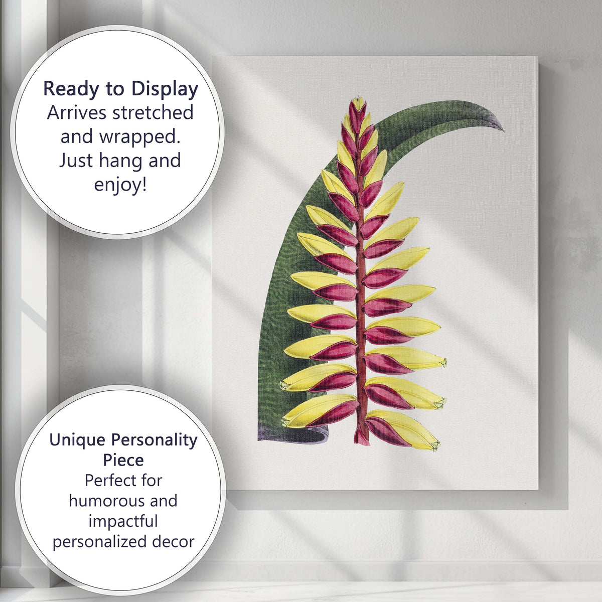 Exotic Red and Yellow Heliconia Tropical Botanical Illustration Canvas Wall Art Print Decor Picture Ready to Hang