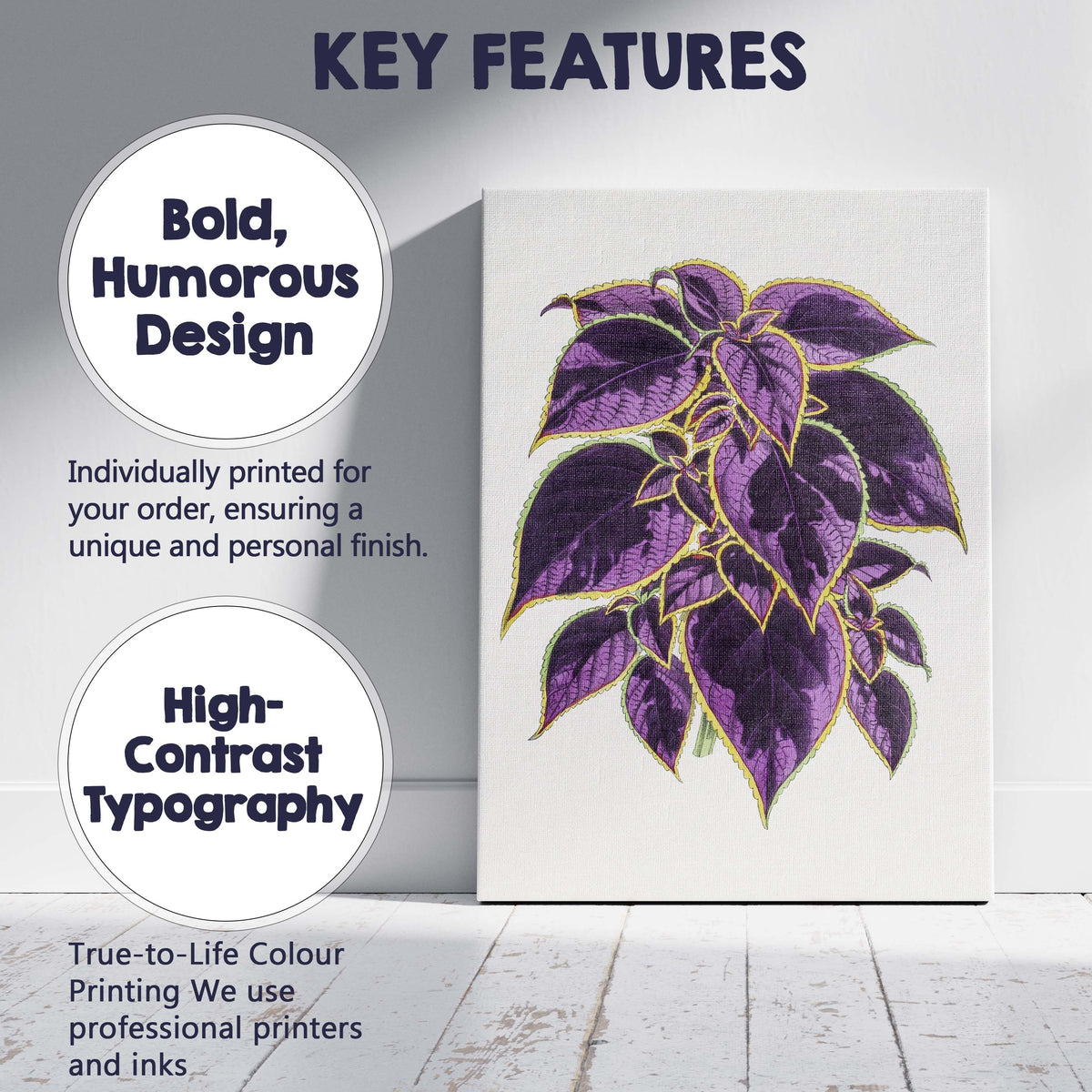 Rich Purple Coleus Foliage Botanical Garden Illustration Canvas Wall Art Print Decor Picture Ready to Hang