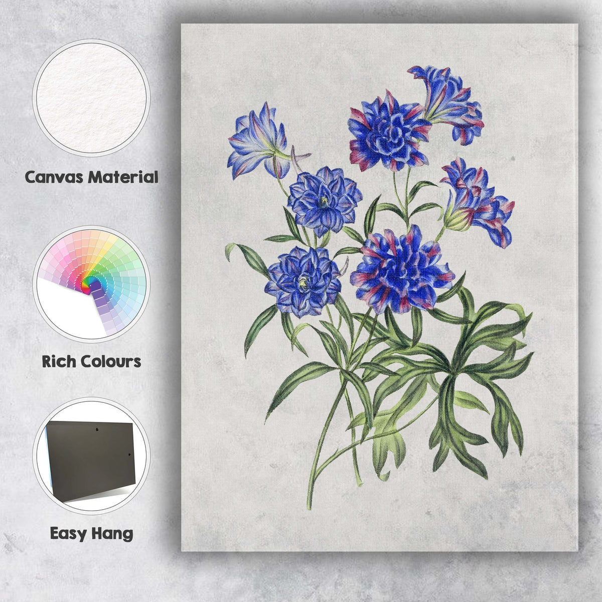 Blue And Pink Columbine Flower Cluster Botanical Illustration Canvas Wall Art Print Decor Picture Ready to Hang