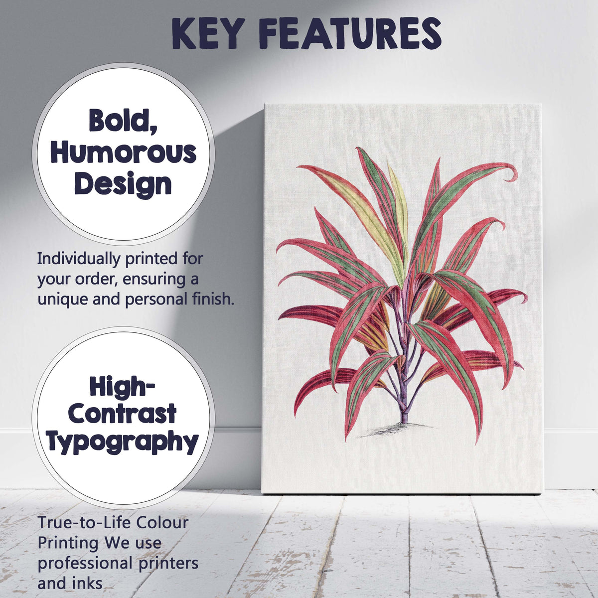 Vibrant Pink And Green Tropical Cordyline Leaves Botanical Illustration Canvas Wall Art Print Decor Picture Ready to Hang