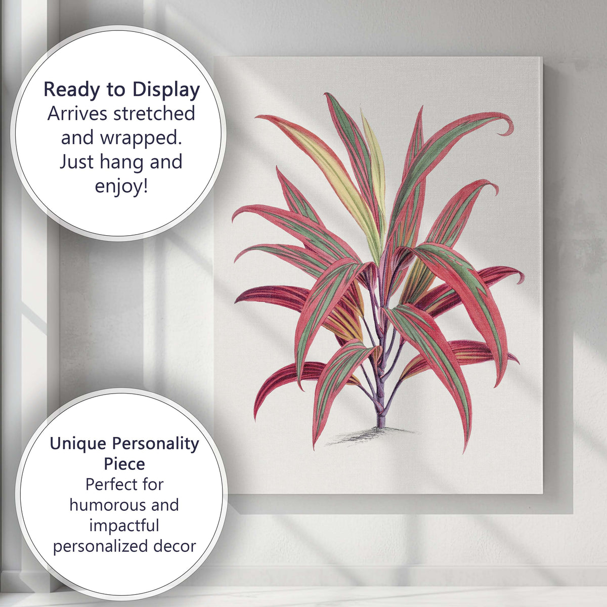 Vibrant Pink And Green Tropical Cordyline Leaves Botanical Illustration Canvas Wall Art Print Decor Picture Ready to Hang